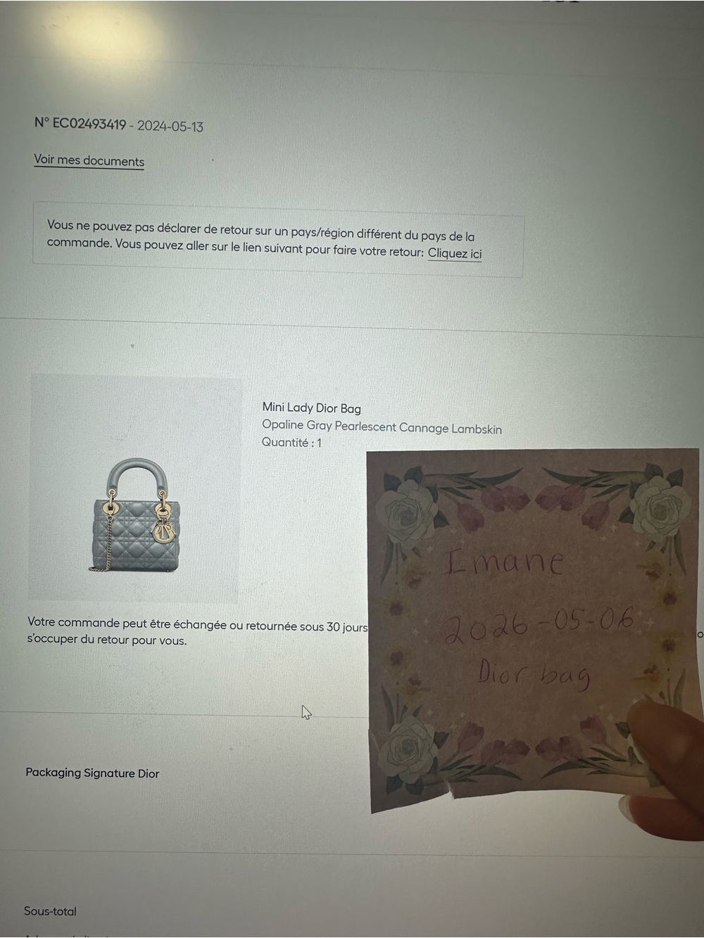 Lady Dior mini-Opaline Gray Pearlescent Cannage eeeLambskin - Picture 2 of 7